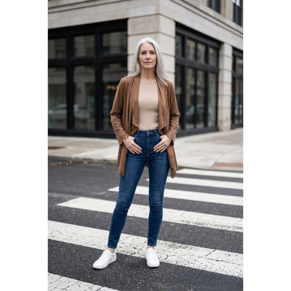 Open Draped Cardigan W/ Hem & Sleeve LaserCut Outs.